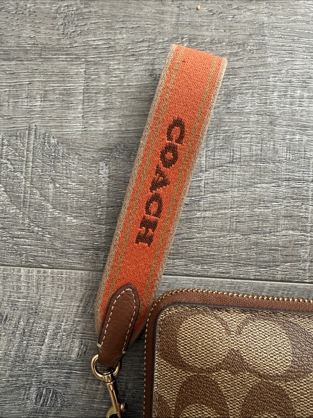 Coach Brown Signature Canvas Wristlet with Orange Strap - Picture 5 of 13